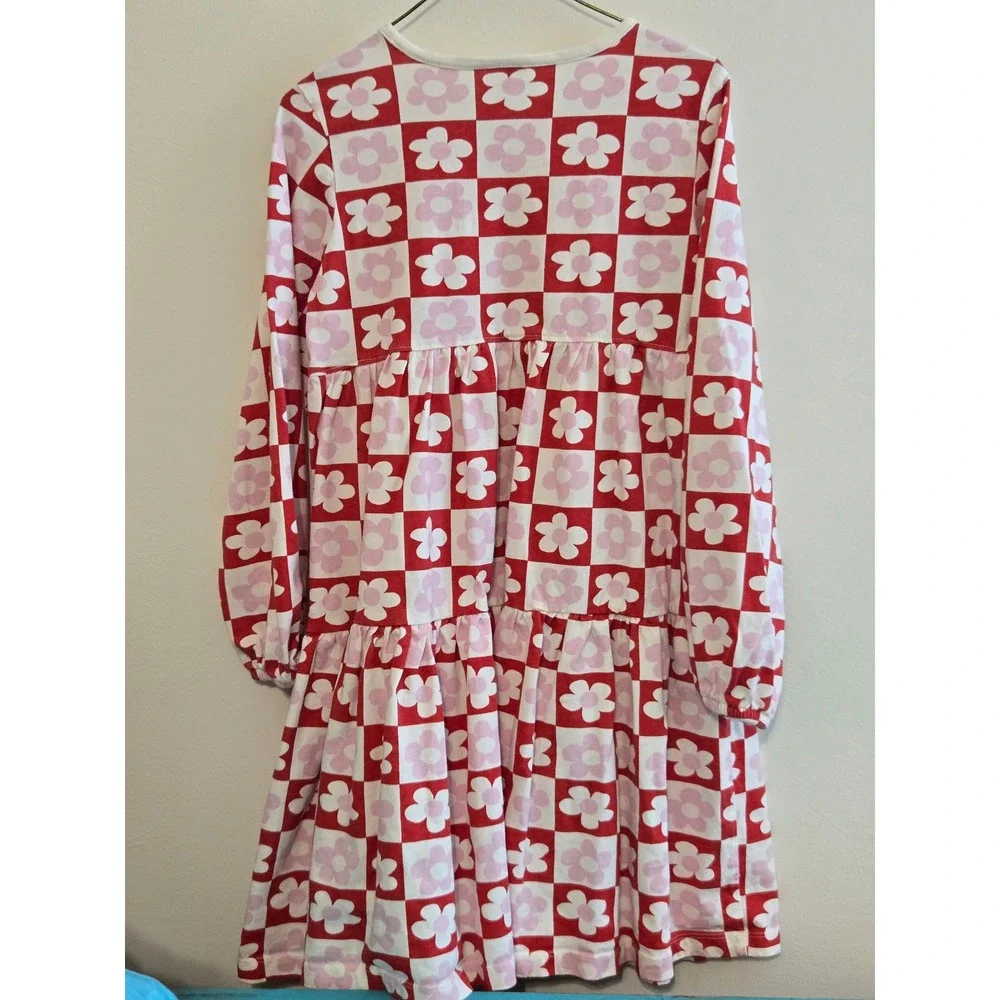 Hanna Andersson Girls Red Pink‎ Checkered Floral Tiered Long Sleeve Dress Size 8